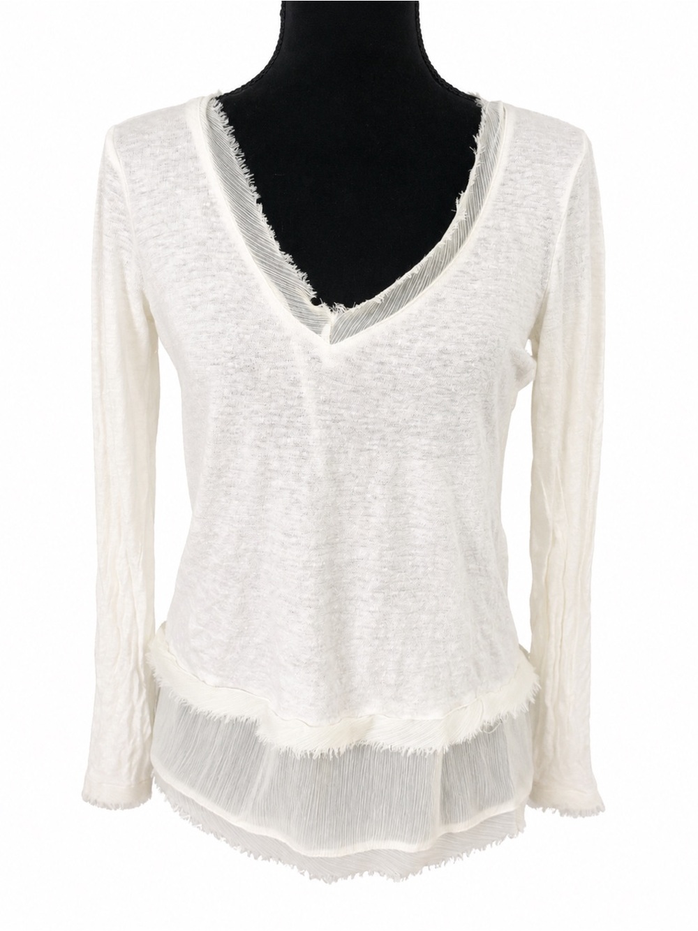 Sam Edelman Ivory Layered V-Neck Blouse Medium Boho Long Sleeve Sheer Hem Top
